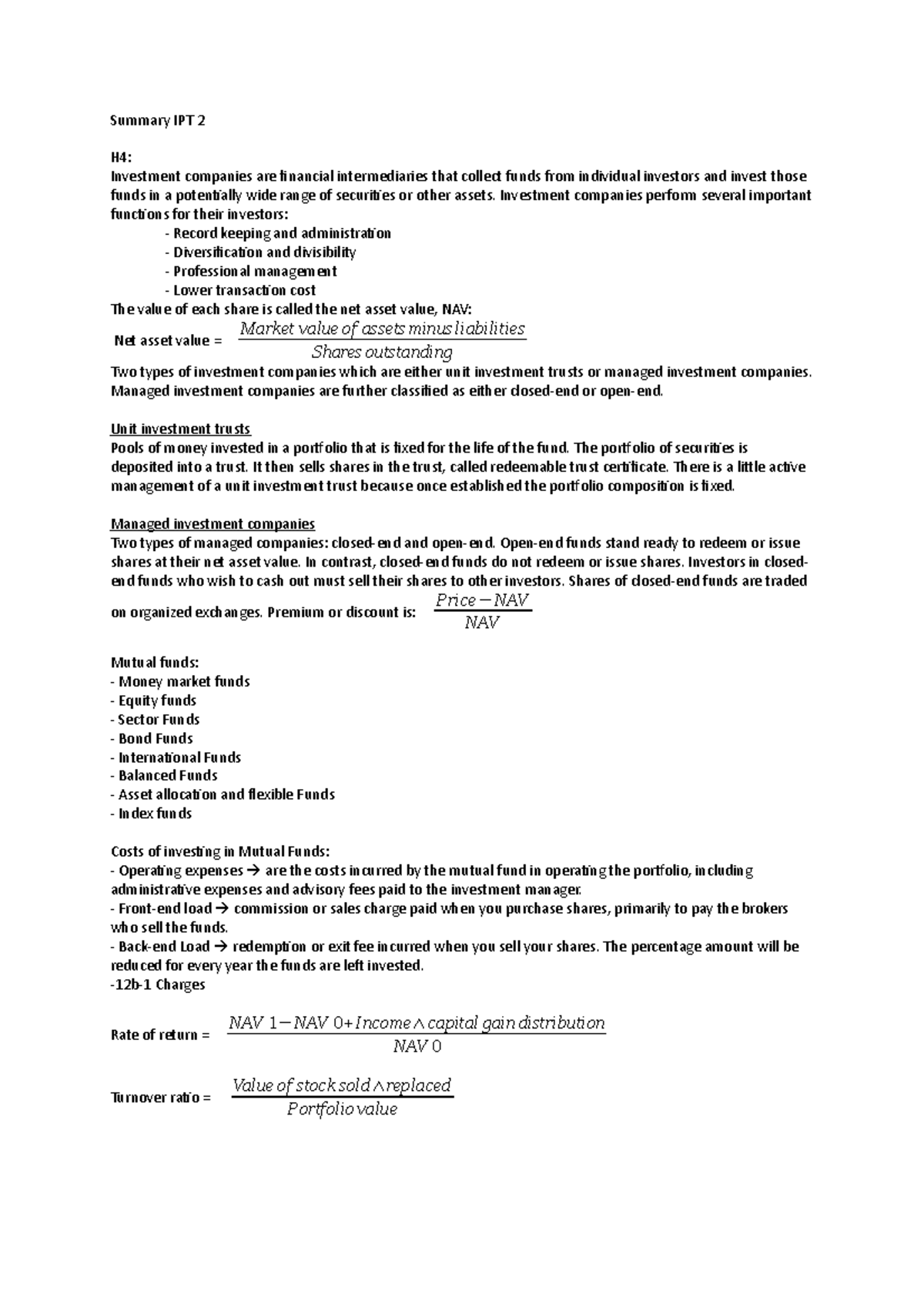 Summary IPT 2 Samenvatting Investments Summary IPT 2 H4 Investment
