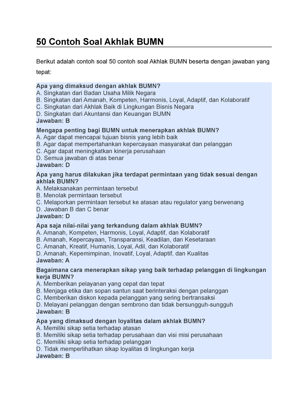 50 Contoh Soal Akhlak BUMN - 50 Contoh Soal Akhlak BUMN Berikut Adalah ...