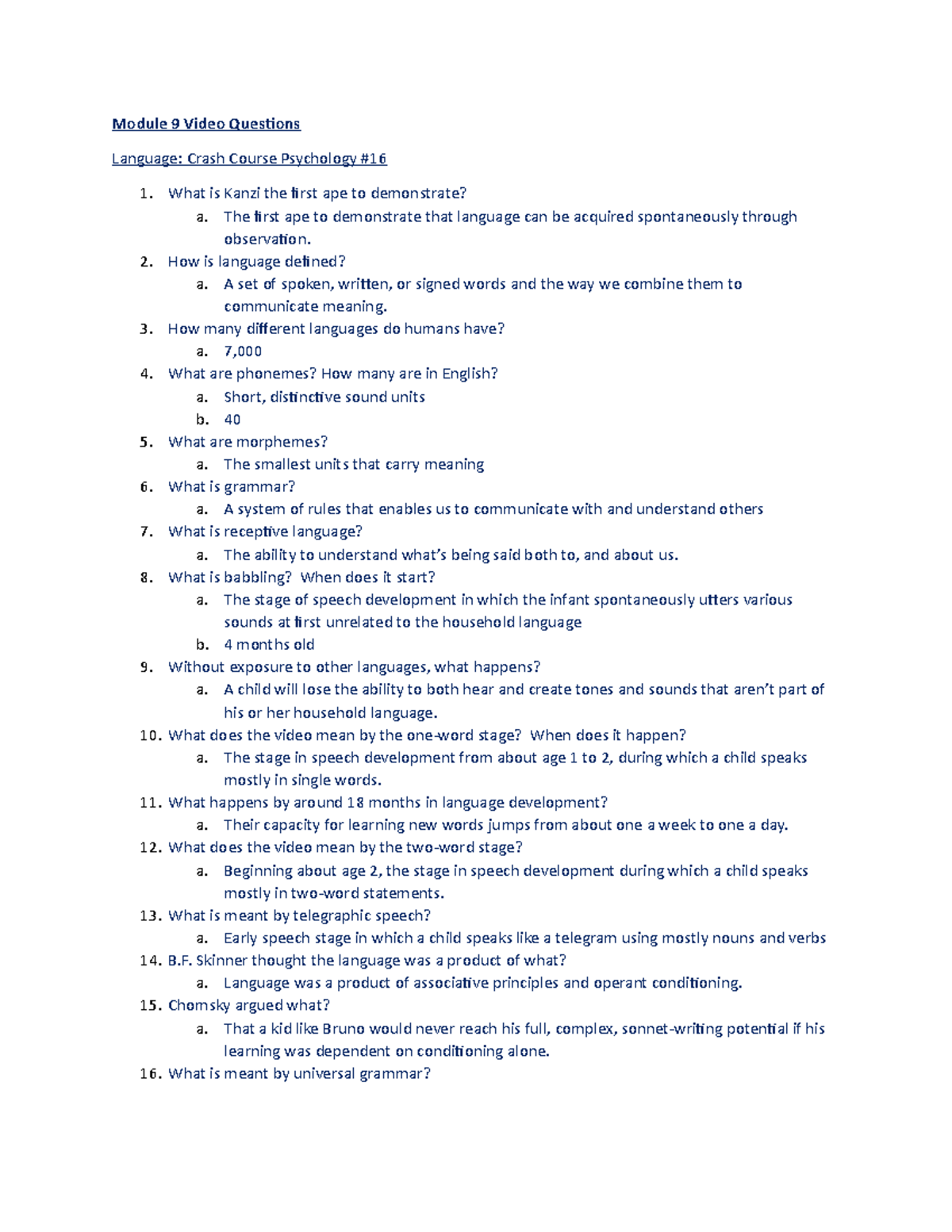 Module 9 Video Questions Module 9 Video Questions Language Crash Course Psychology What is