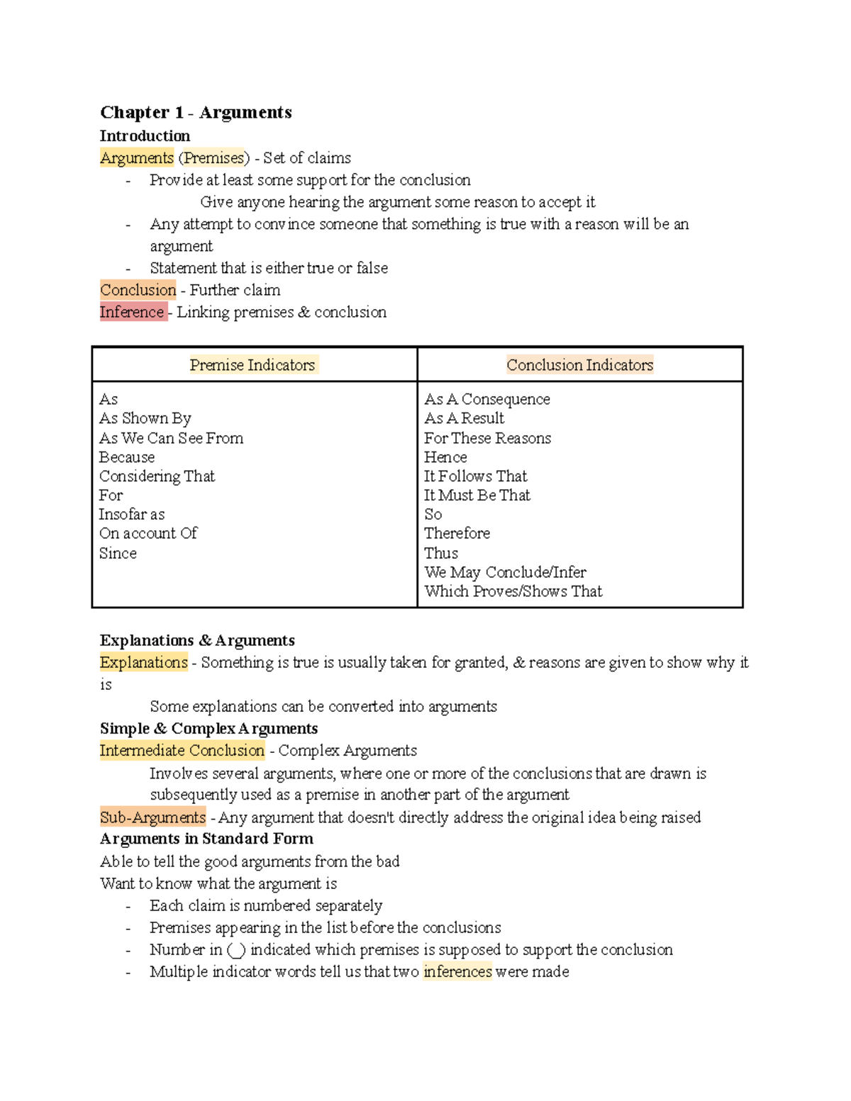 PHI 1101 - Lecture notes 1-3 - Chapter 1 - Arguments Introduction ...
