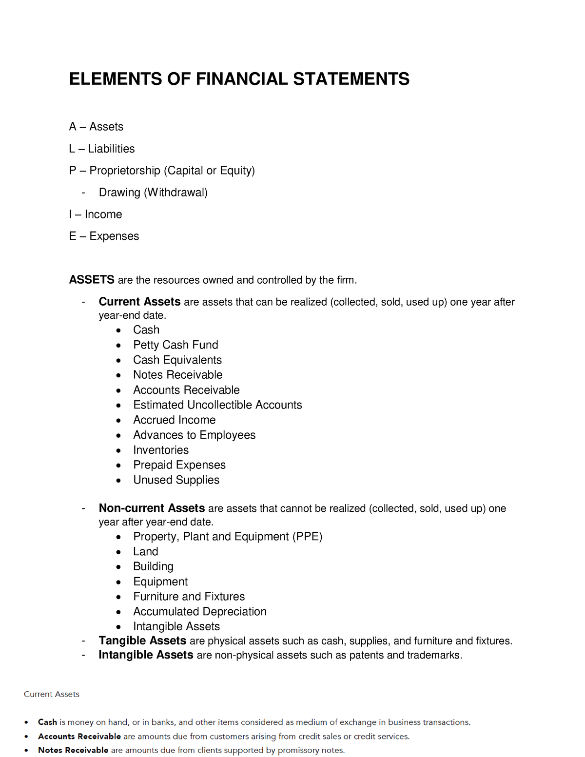 Accounting - ELEMENTS OF FINANCIAL STATEMENTS A – Assets L ...