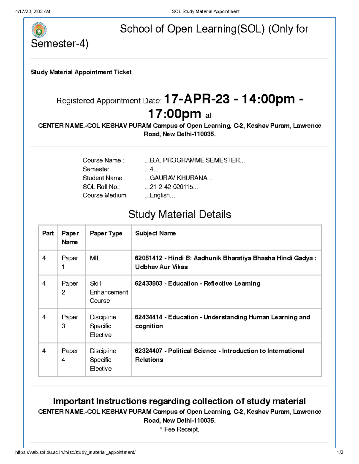 SOL Study Material Appointment sol.du.ac/misc/study_material