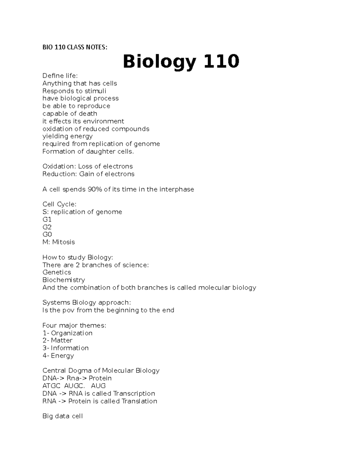 BIO 110 Class Notes - BIO 110 CLASS NOTES: Biology 110 Define Life ...