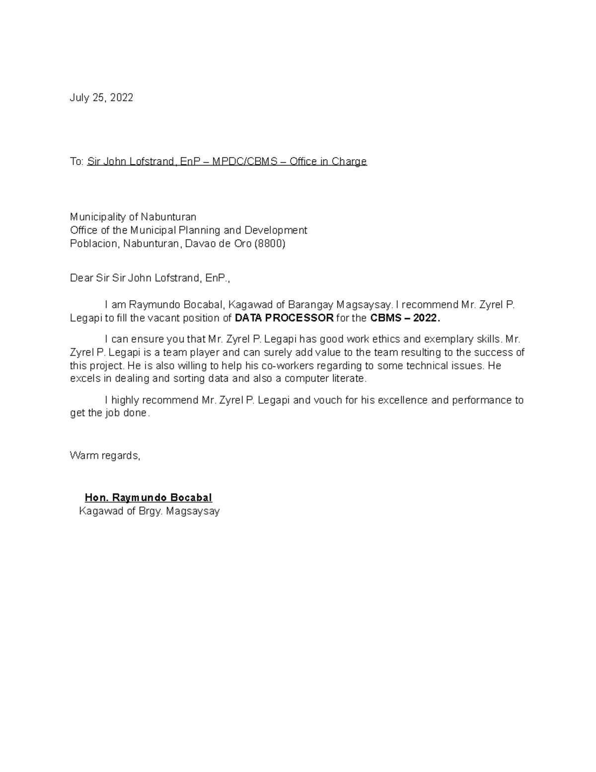 Recommendation Letter - To: Sir John Lofstrand, EnP – MPDC/CBMS ...