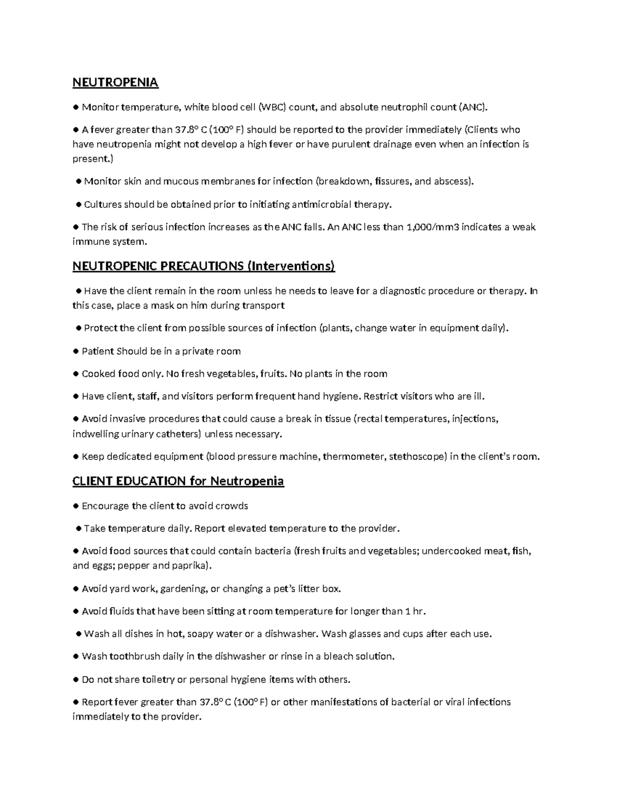 Neutropenic precautions - NEUTROPENIA Monitor temperature, white blood ...