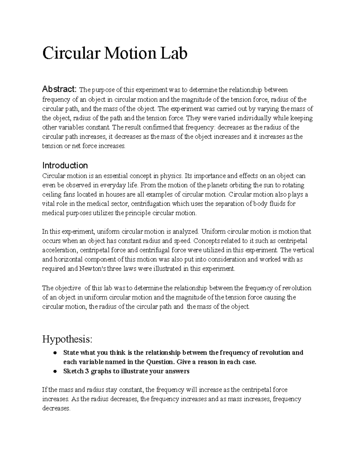 Lab 2 Circular Motion Circular Motion Lab Abstract The purpose of