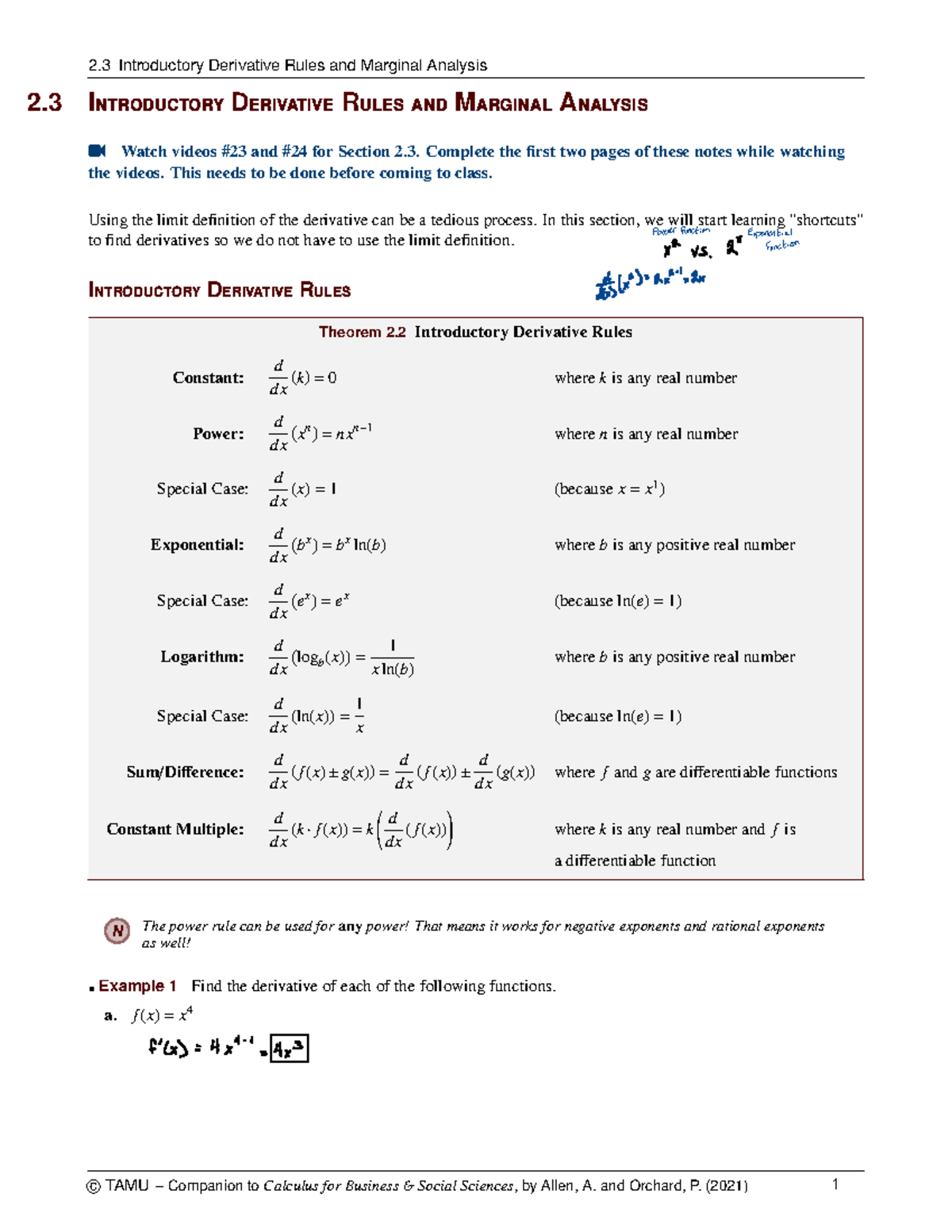 2.3 Notes - 2 Introductory Derivative Rules and Marginal Analysis ...