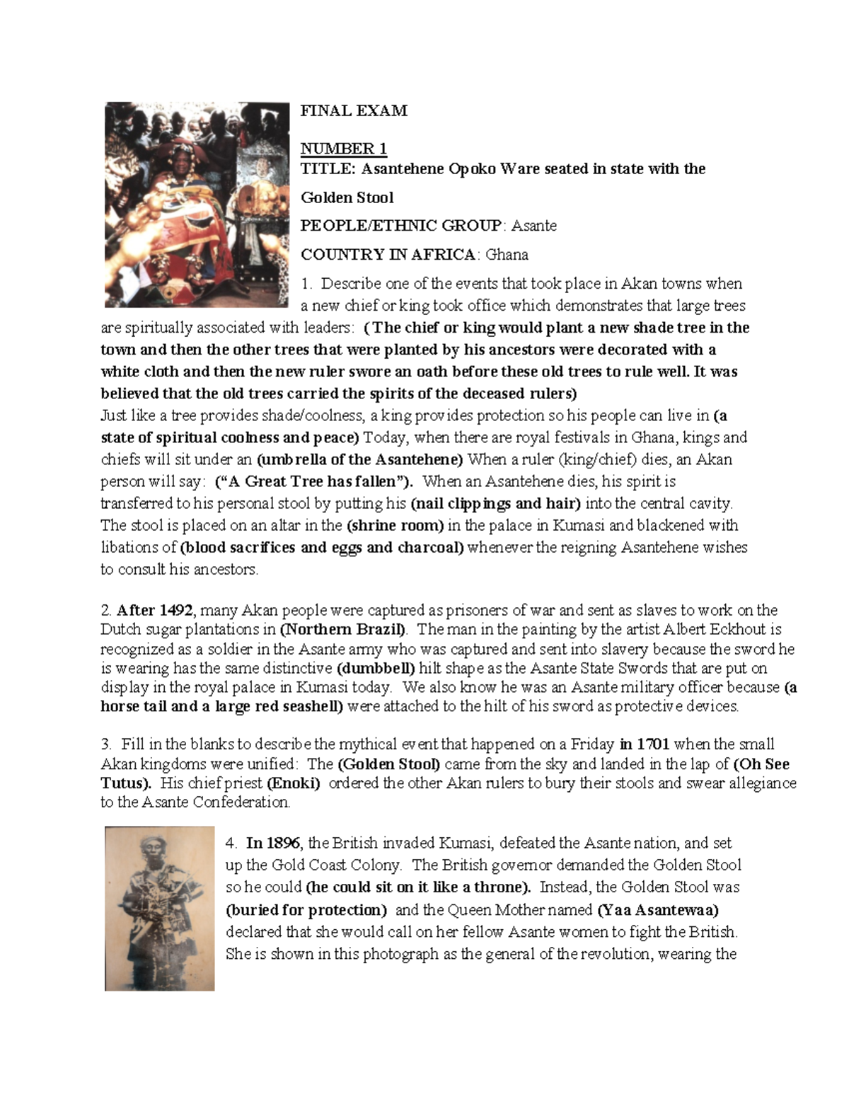 African Art History Final Exam FINAL EXAM NUMBER 1 TITLE Asantehene