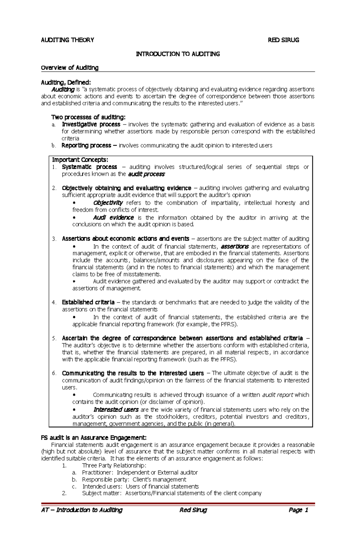 AT Intro Audit - AUDITING THEORY RED SIRUG INTRODUCTION TO AUDITING ...