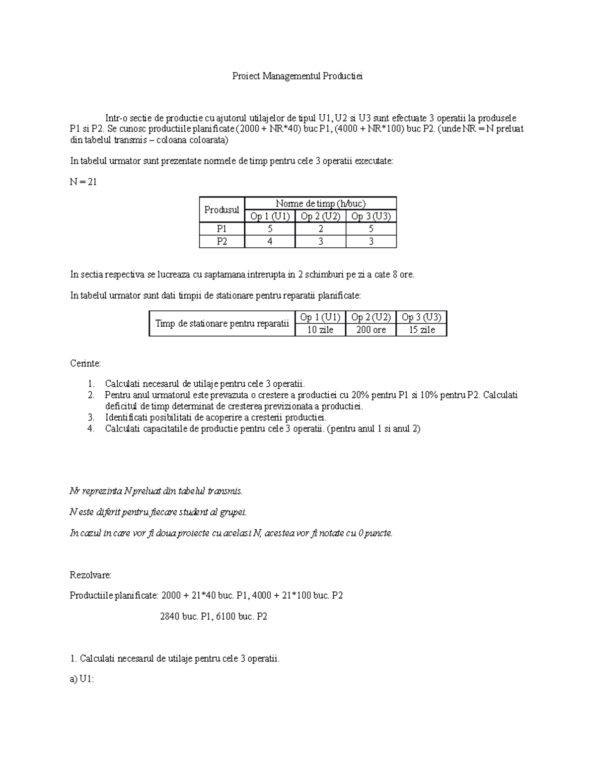 Cerinta Proiect - Proiect Managementul Productiei Intr-o Sectie De ...