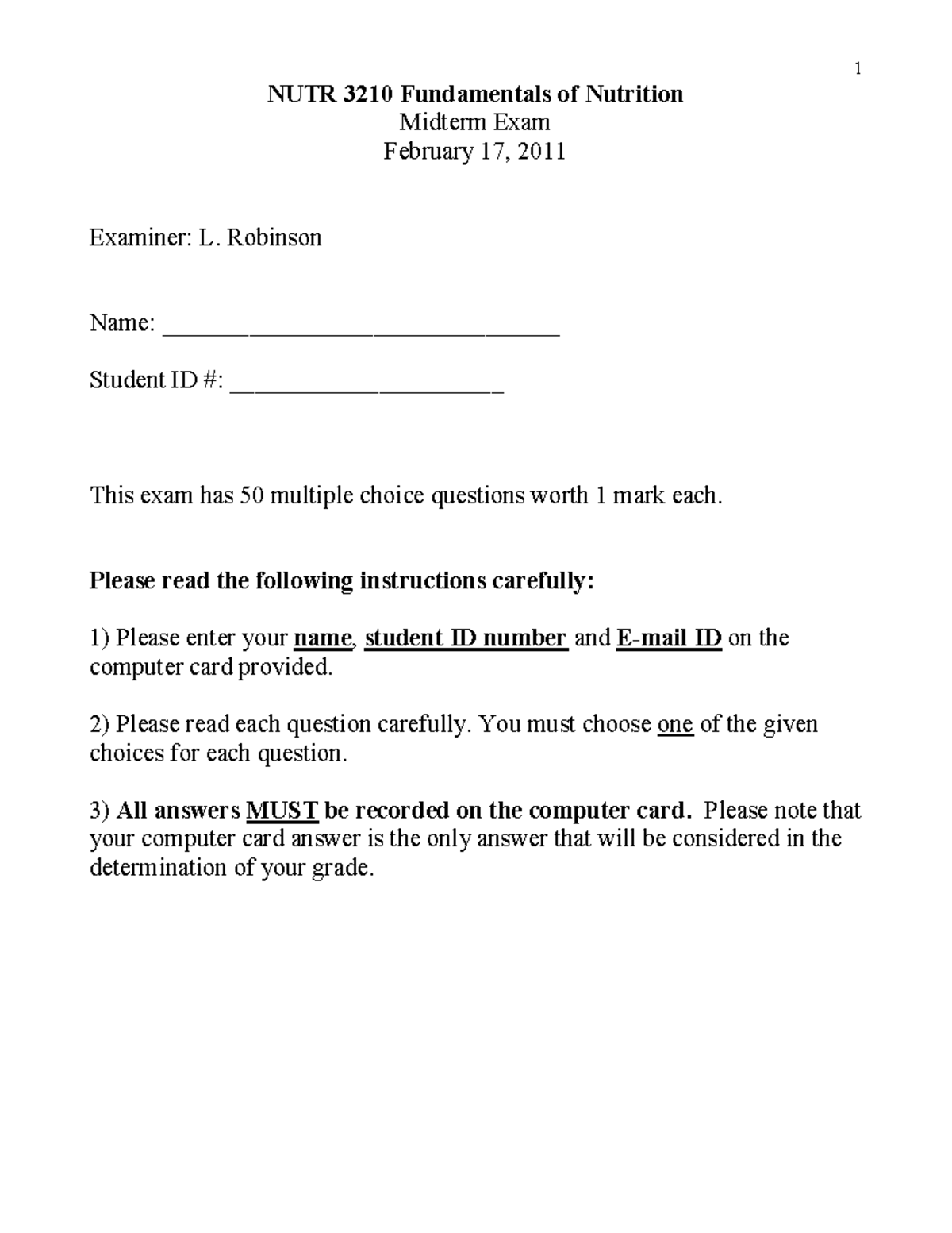 Winter 2011 Answers 1 - NUTR 3210 Fundamentals of Nutrition Midterm ...