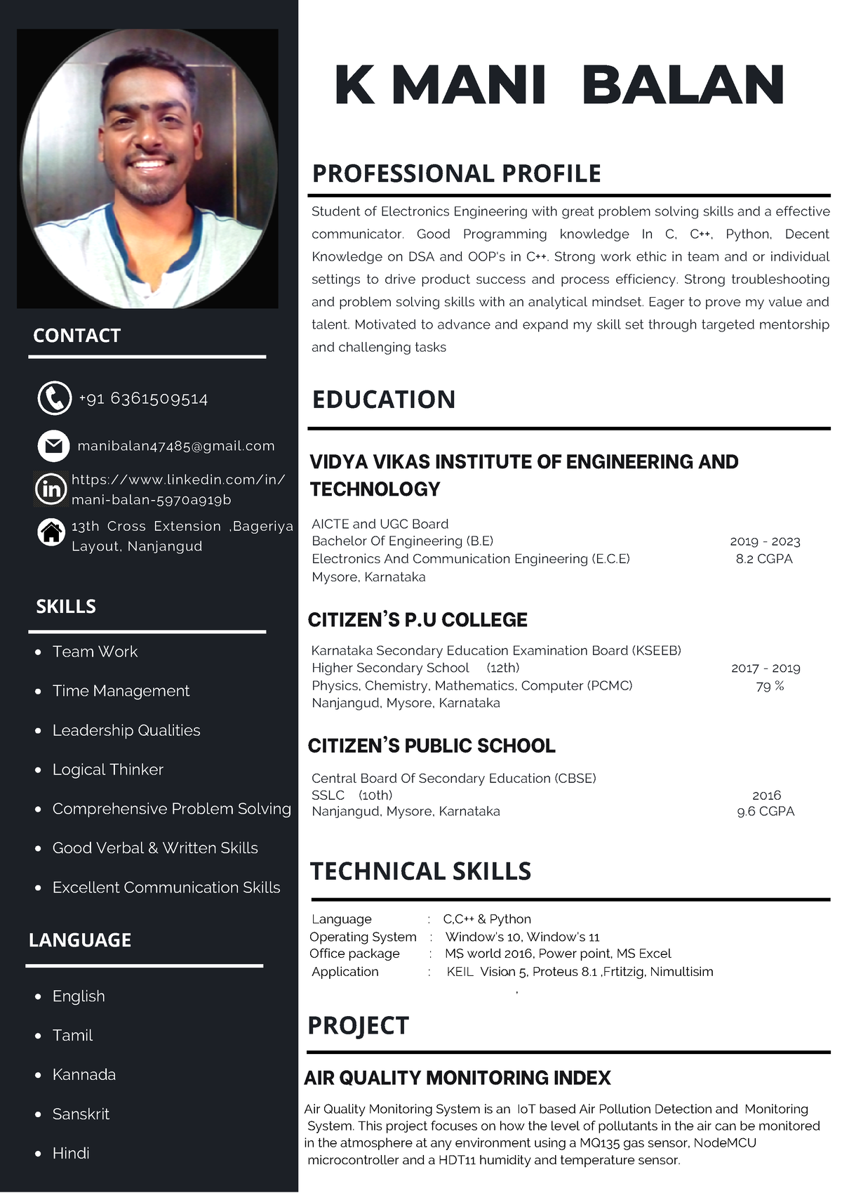 White Black Simple Resume Template - K MANI BALAN PROFESSIONAL PROFILE ...