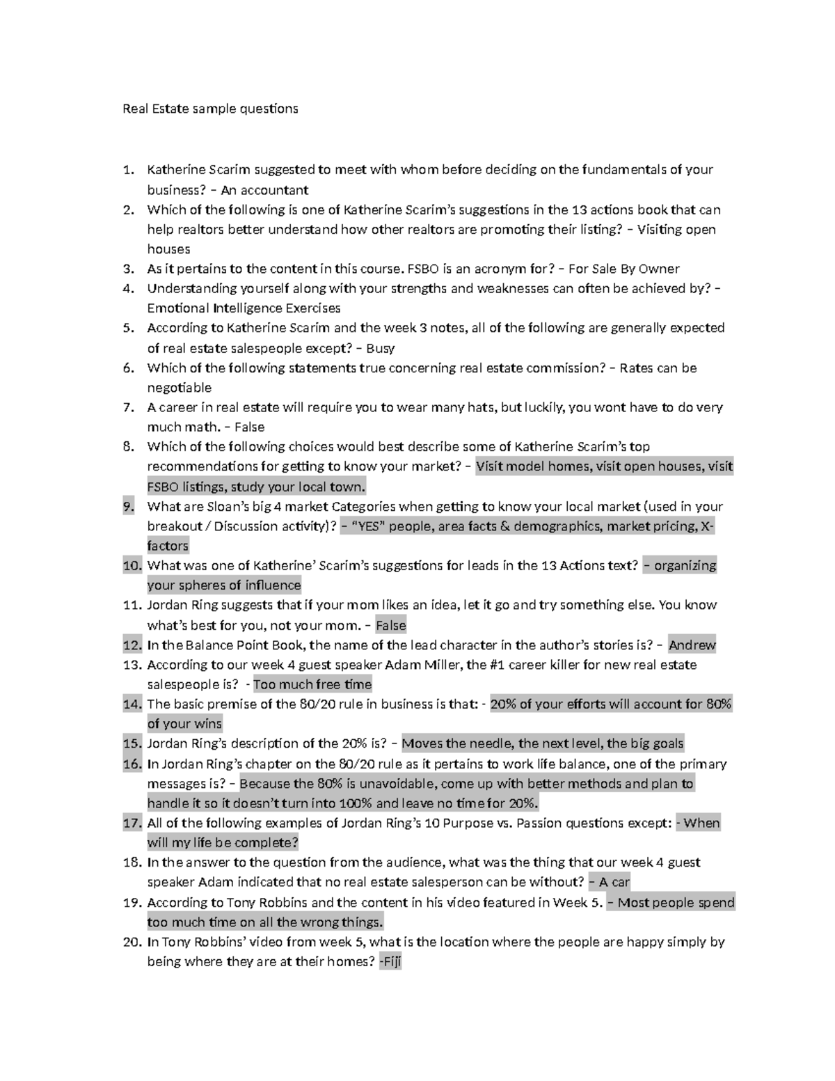 Real Estate sample questions Real Estate sample questions Katherine