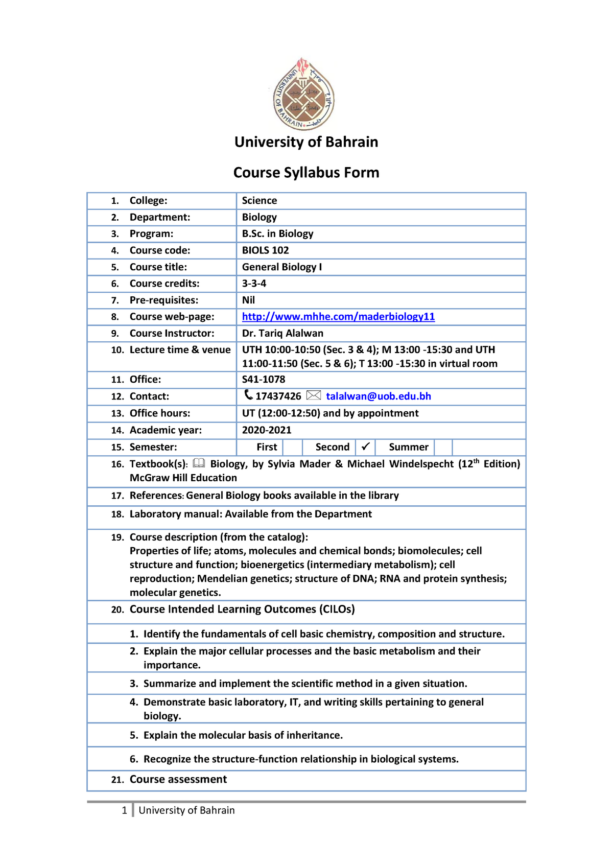 BIOLS102+syllabus+2020 21+S2 - University Of Bahrain Course Syllabus ...