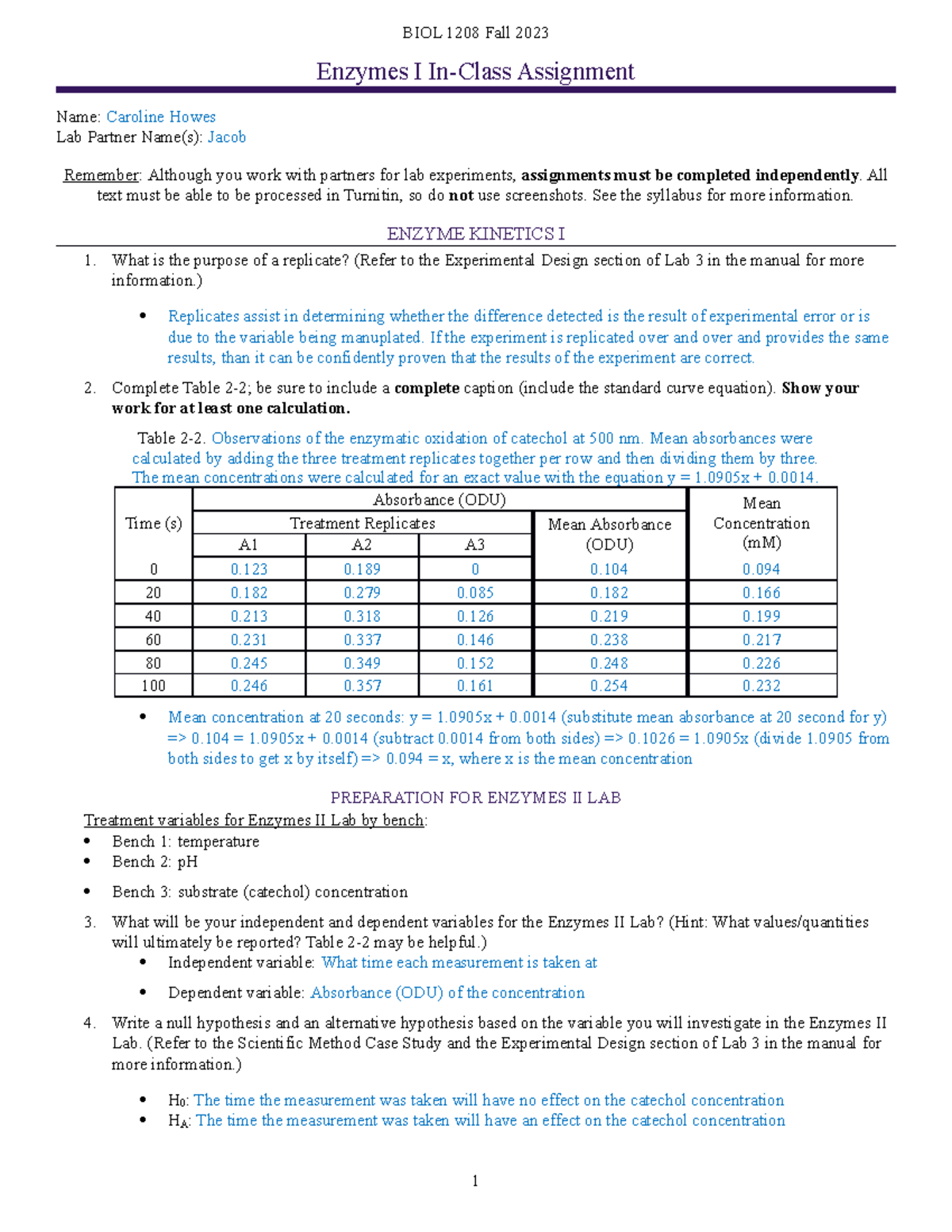 Enzymes I ICA lab worksheet - BIOL 1208 Fall 2023 Enzymes I In-Class ...