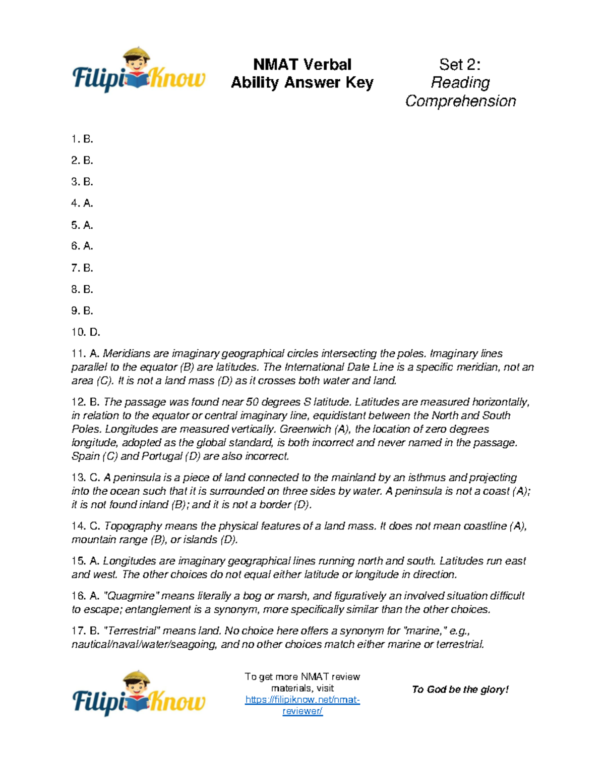 NMAT Verbal Ability Answer Key Set 2 NMAT Verbal Ability Answer Key