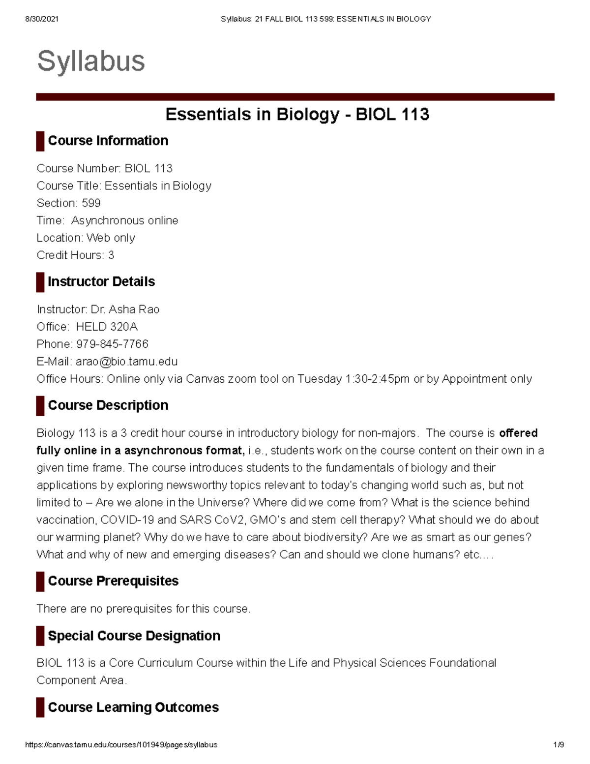 Syllabus - Syllabus Essentials in Biology - BIOL 113 Course Information ...
