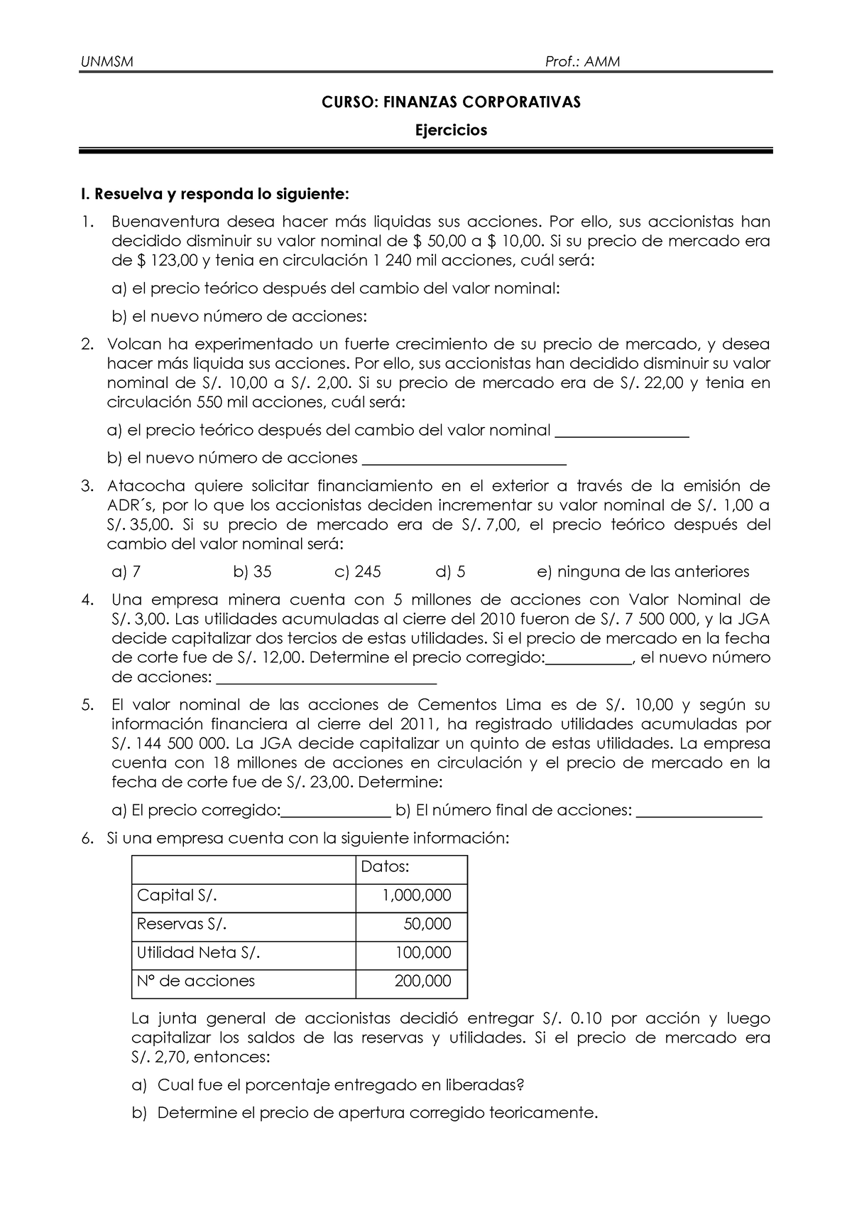 Ejercicios 03 - Acciones - UNMSM Prof.: AMM CURSO: FINANZAS ...