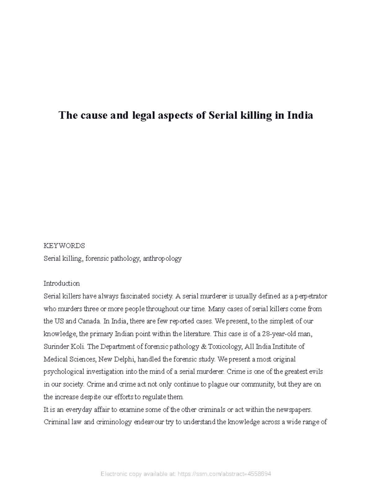 The cause and legal aspects of serial killing in India The cause and