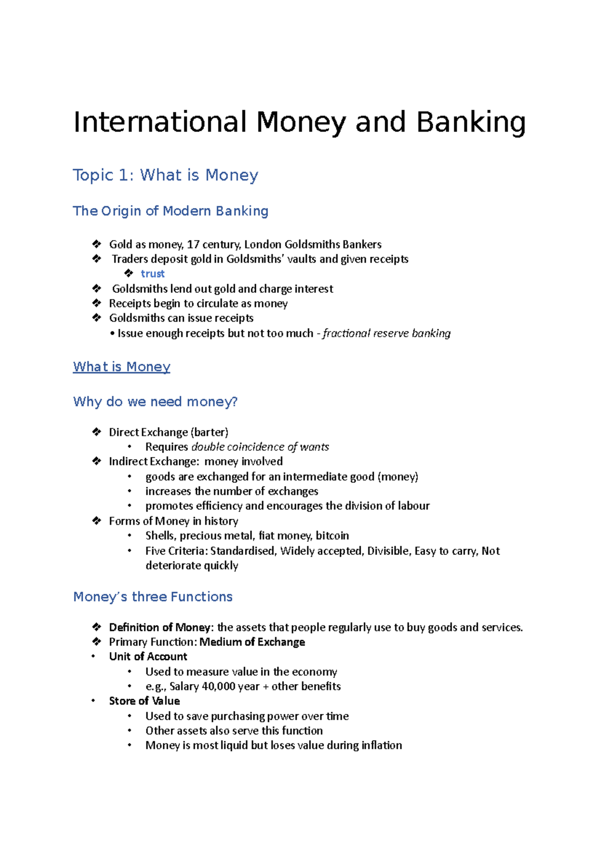 International Money and Banking Notes International Money and Banking Topic 1 What is Money