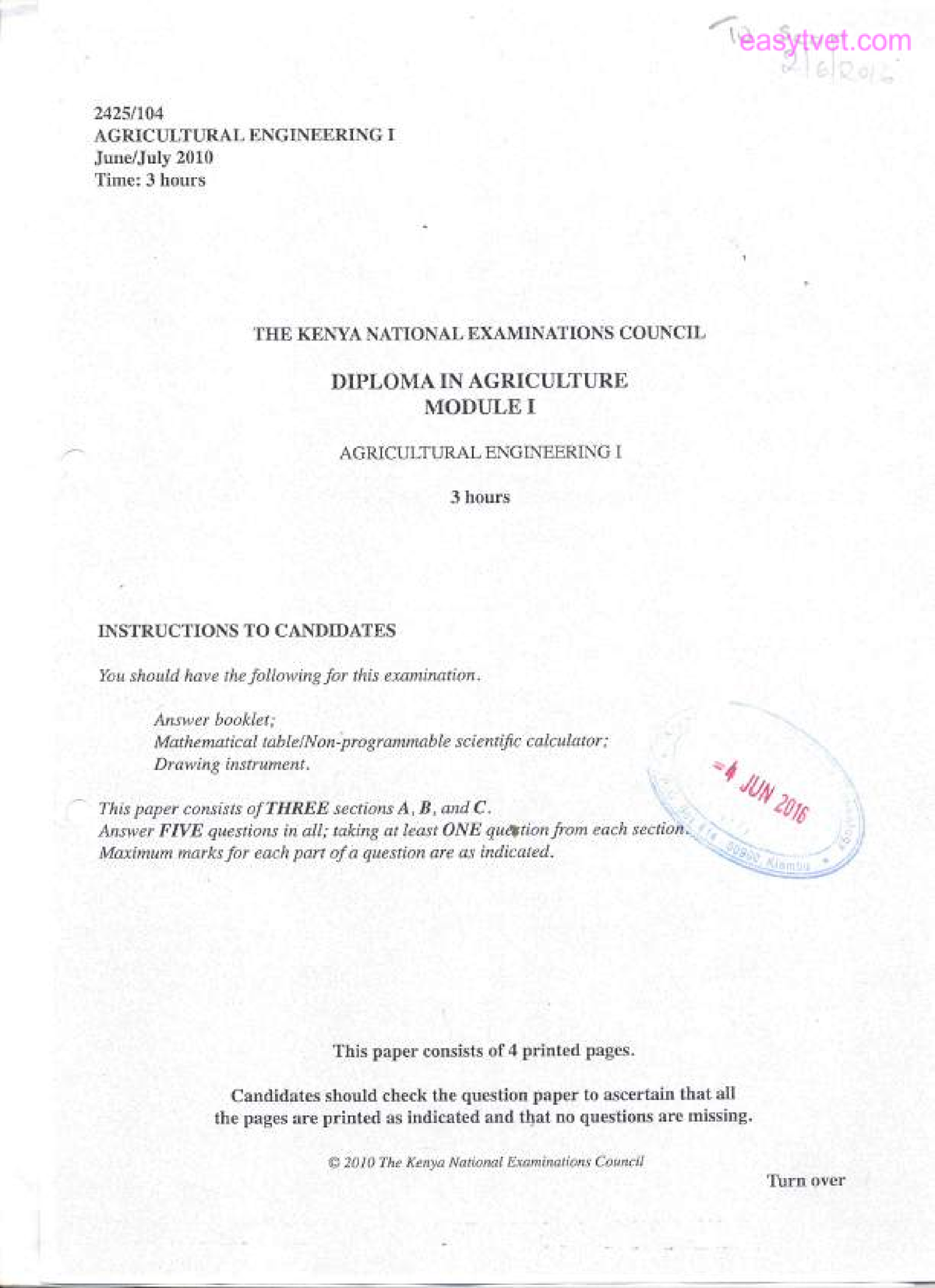 2010 July - Assessment By Knec For Agriculture Engineering 