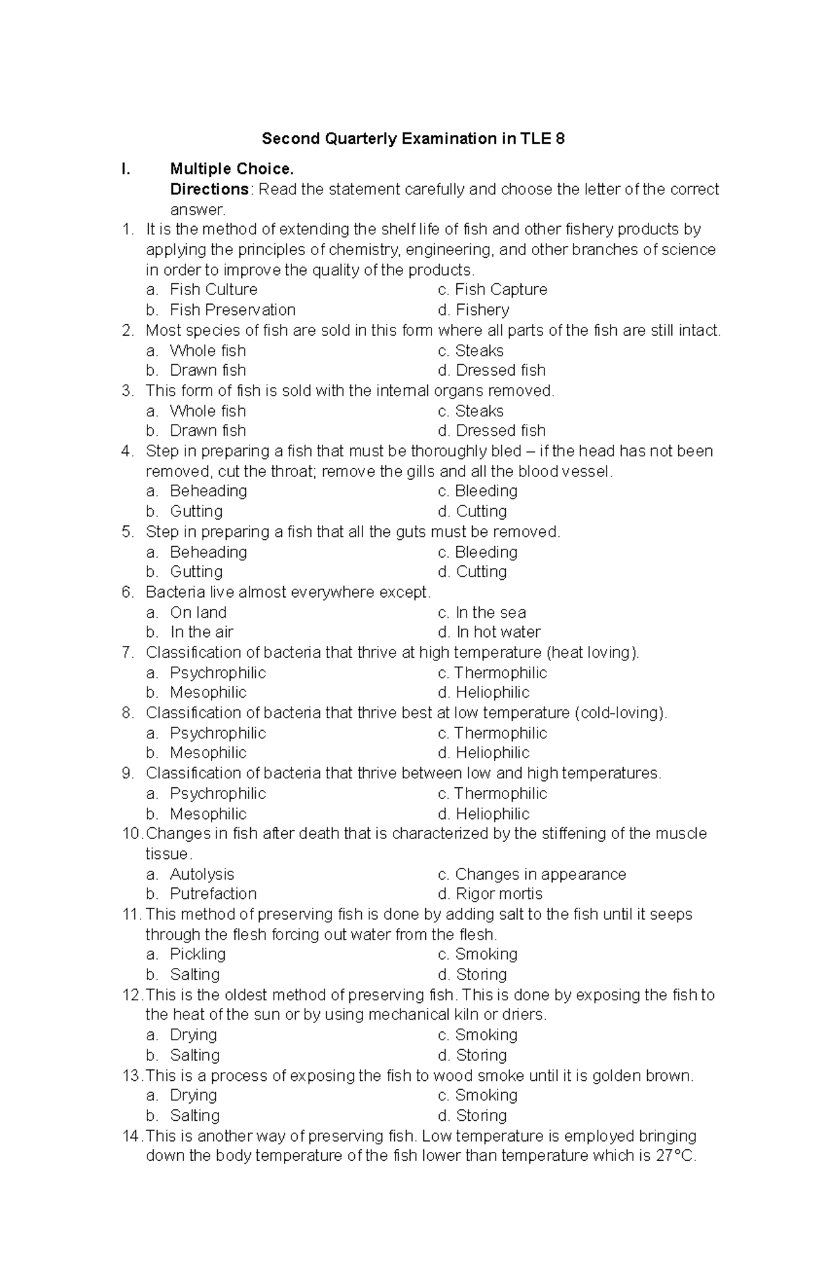 Second Quarterly Examination IN TLE 8 - Multiple Choice. Directions ...