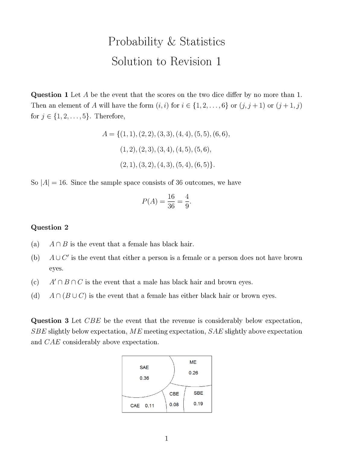 Revision 1 Solution - Probability & Statistics Solution To Revision 1 ...