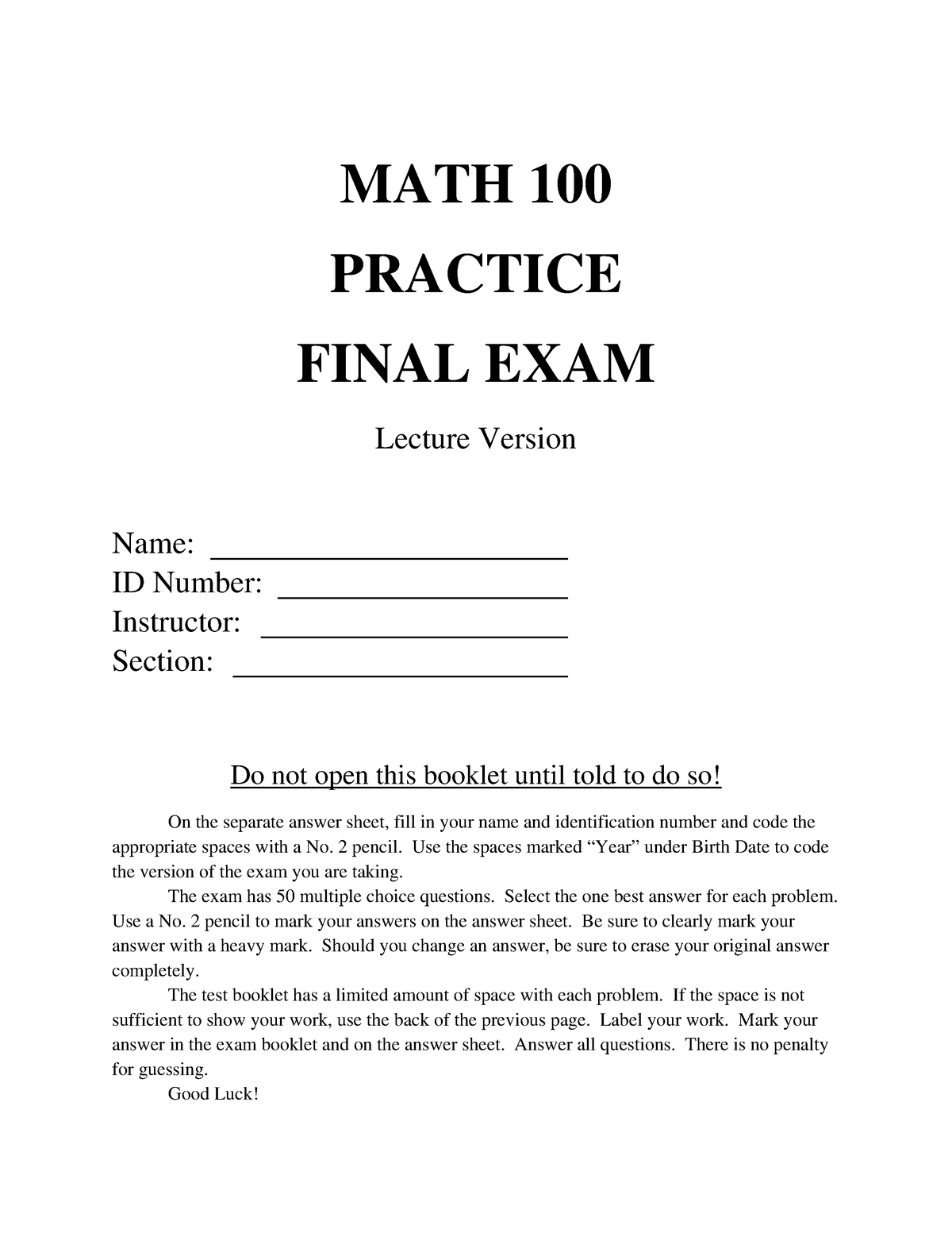 Math 100 Practice Final Exam Lecture - Bsc Maths - Studocu