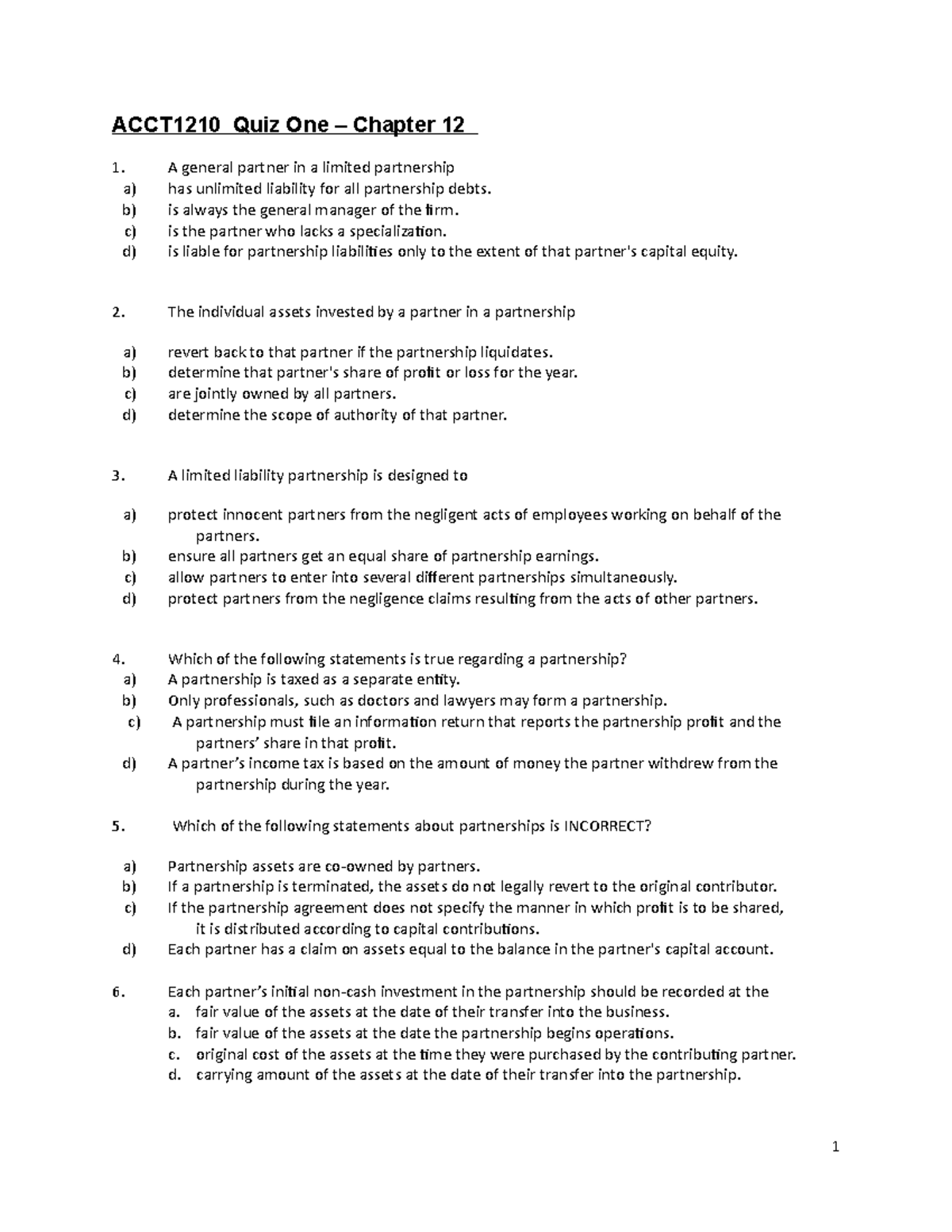 ACCT1210 Quiz One f2f Ch12 v0120 - ACCT1210 Quiz One – Chapter 12 A ...