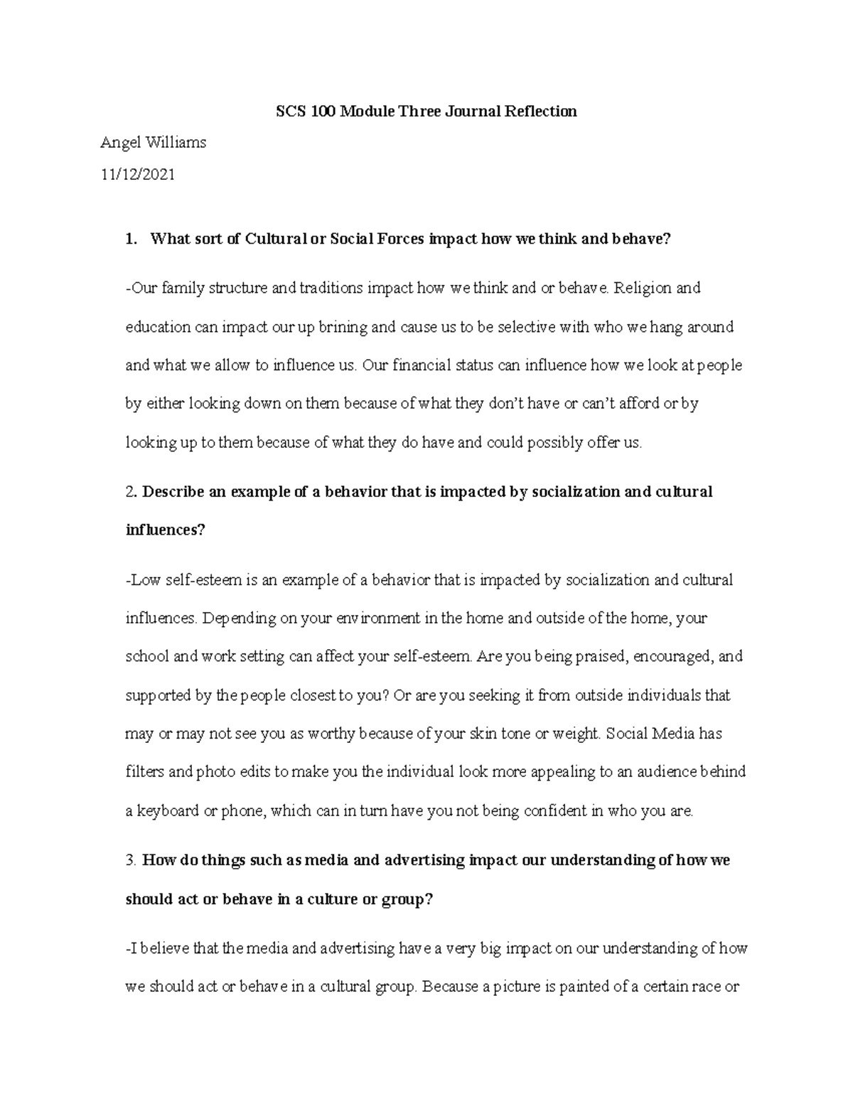 SCS 100 Module Three Journal Reflection - SCS 100 Module Three Journal ...