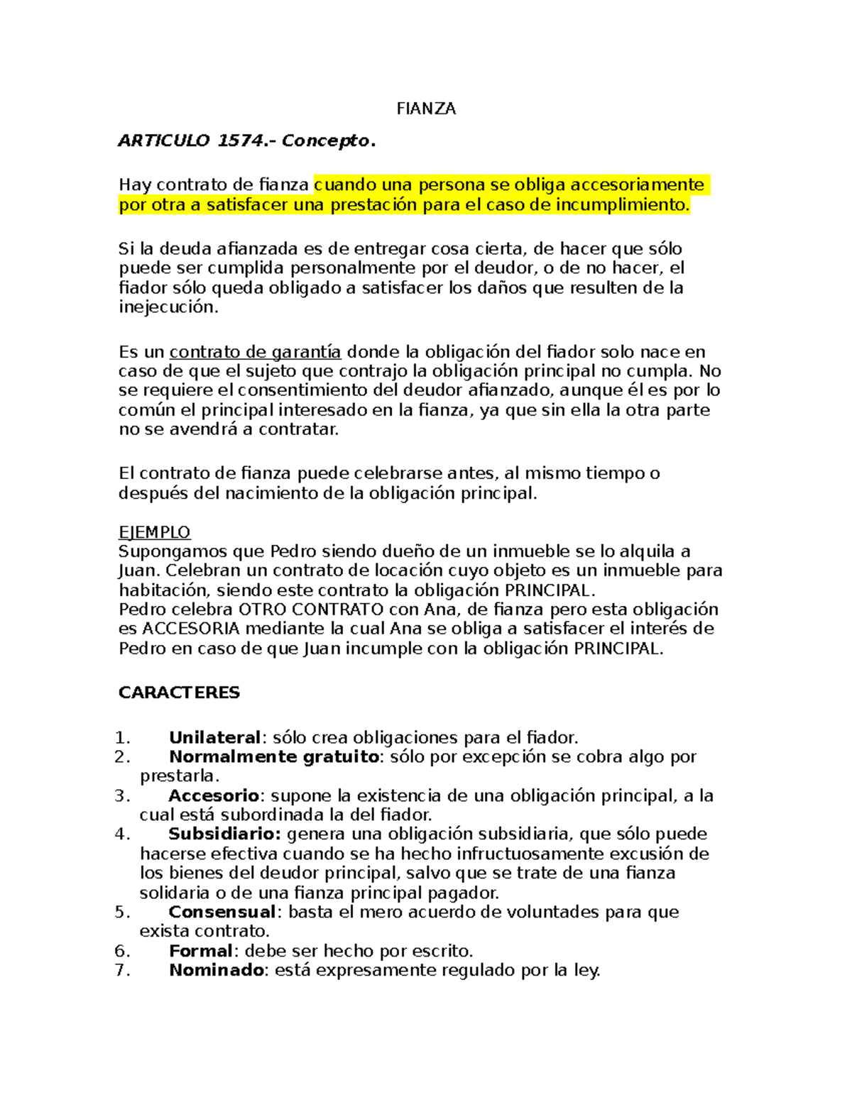 Resumen Unidad 9 Clase 18 "contrato De Fianza" - FIANZA ARTICULO 1574 ...