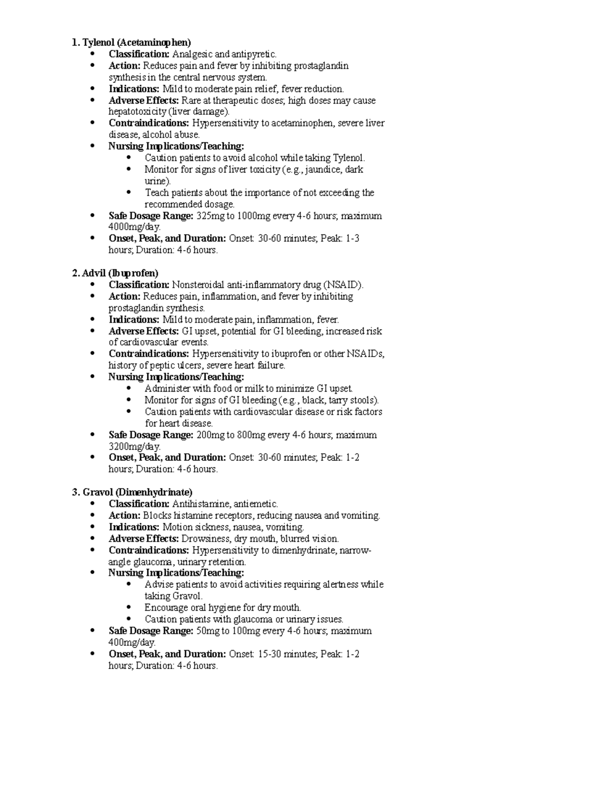 Medication Cue card for lab Tylenol (Acetaminophen) Classification