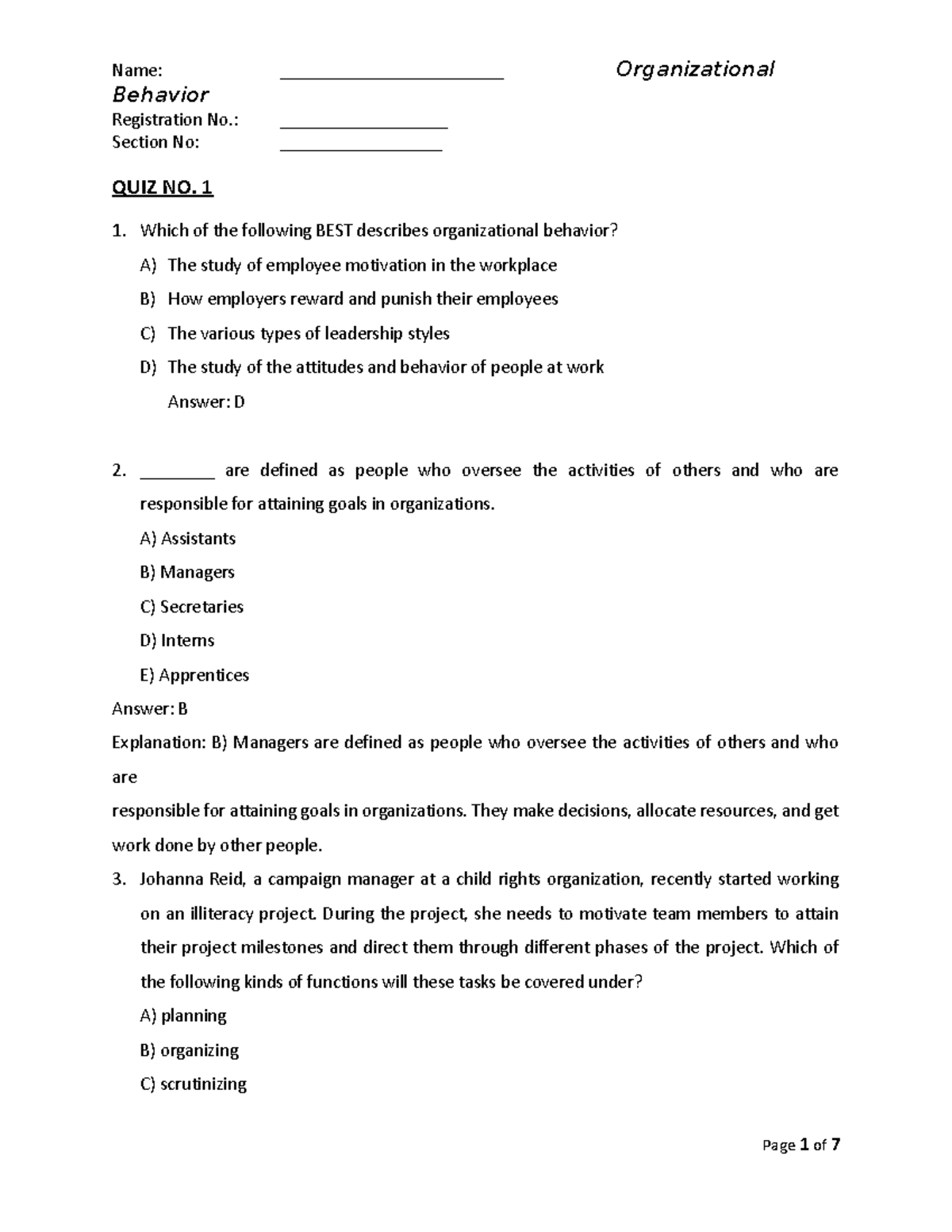 QUIZ NO. 1 - chapter 1 - Behavior Registration No ...