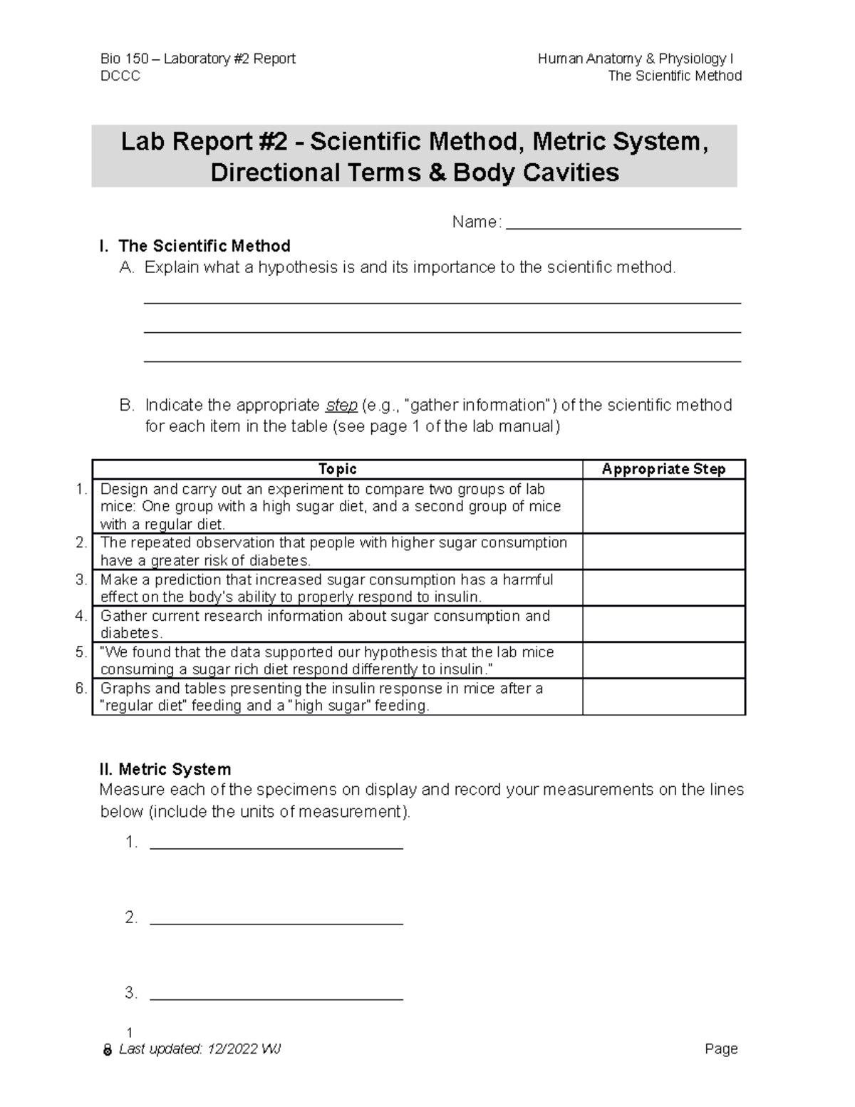 BIO 150 Lab 2 Report - Lab - DCCC The Scientific Method Lab Report #2 ...