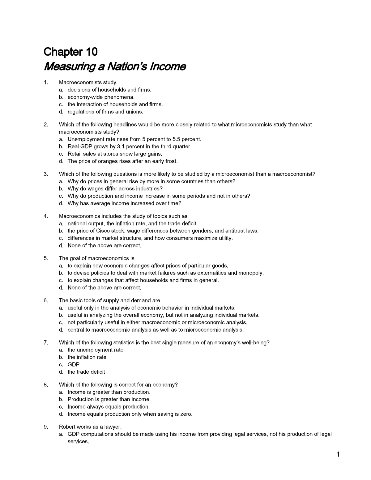 Macroeconomics Practice Tests Chap 10 - 1 Chapter 10 Measuring A Nation ...