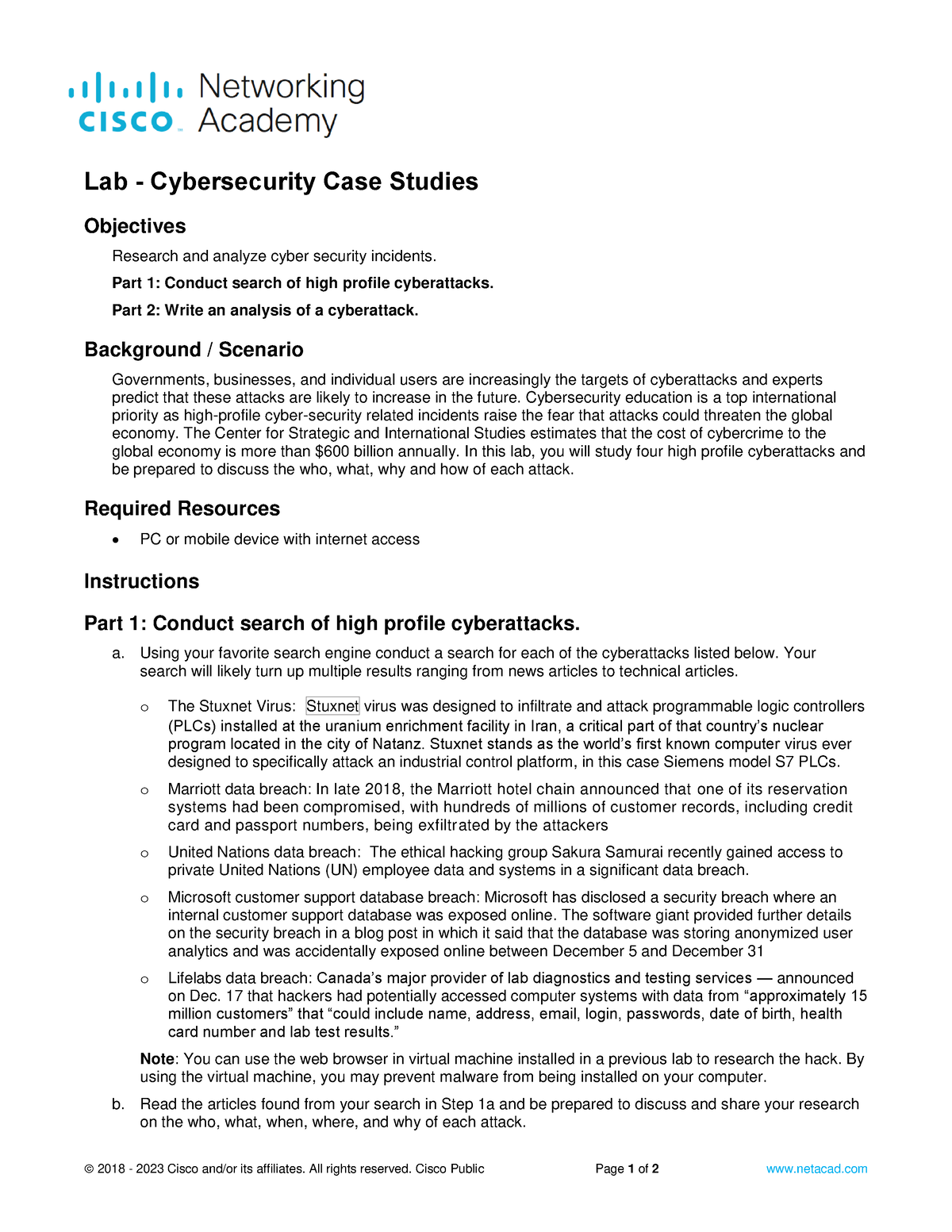 1.1.6 Lab - Cybersecurity Case Studies - 2018 - 2023 Cisco And/or Its ...