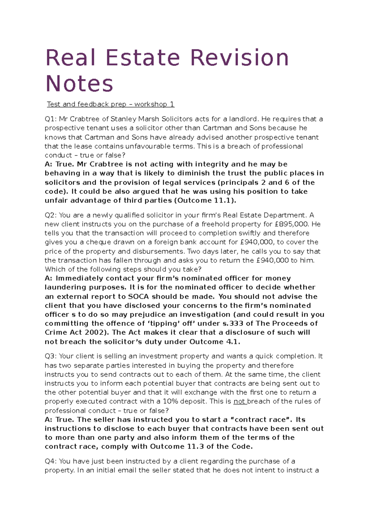 Real Estate Revision Notes Test and Feedback for ALL Real