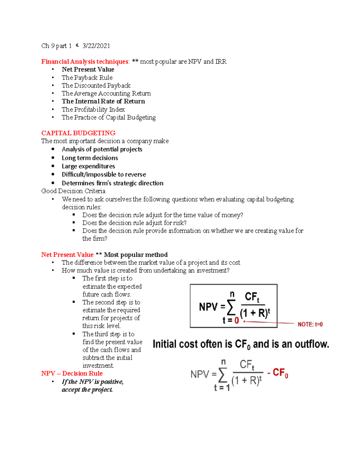 CH9 - Lecture notes 9 - Ch 9 part 1 3/22/ Financial Analysis techniques ...