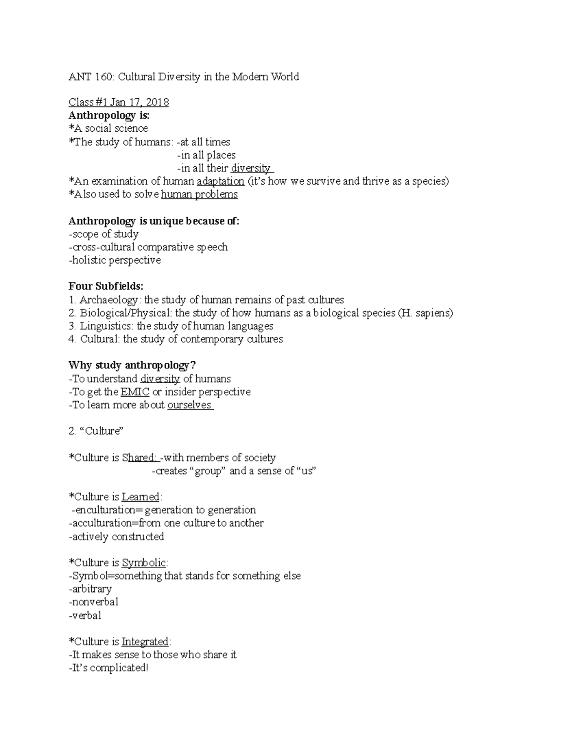 ANT 160 Word Class Notes - ANT 160: Cultural Diversity in the Modern ...