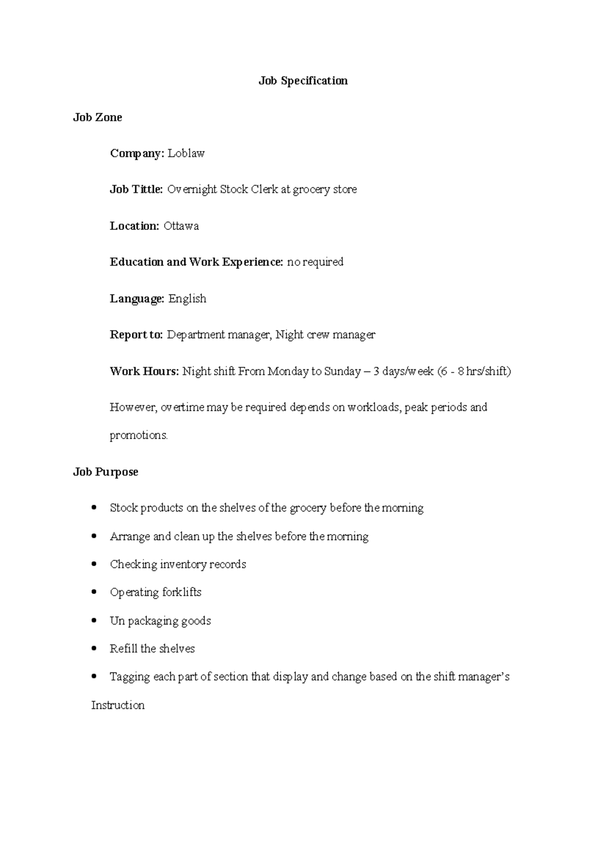 Job Specification analysis - MGT4110 - Algonquin College - Studocu