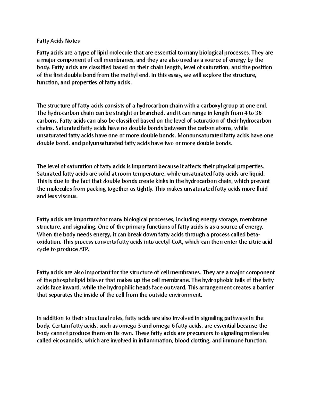 Fatty Acids Notes Fatty Acids Notes Fatty acids are a type of lipid