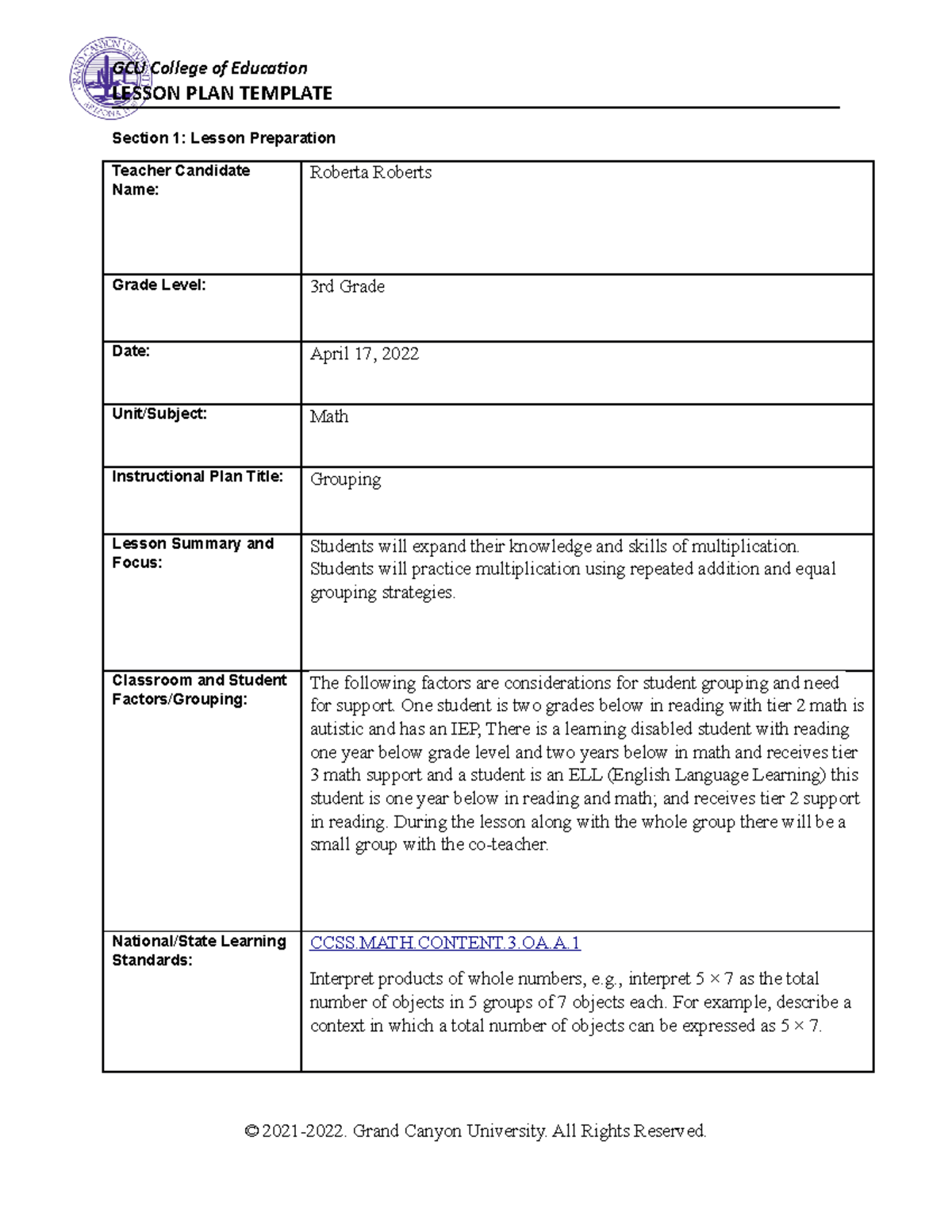 Operations and Algebraic Lesson Plan - LESSON PLAN TEMPLATE Section 1 ...