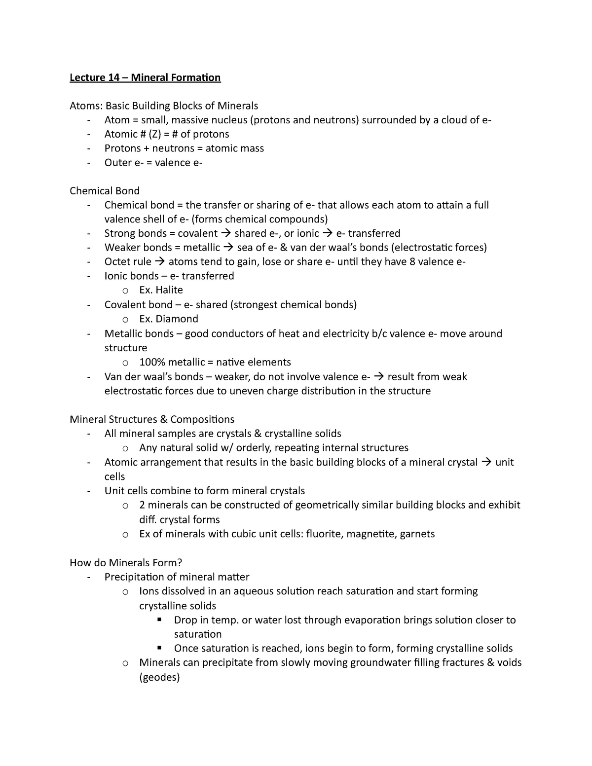 Lecture 14 - Mineral Formation - Lecture 14 – Mineral Formaion Atoms ...