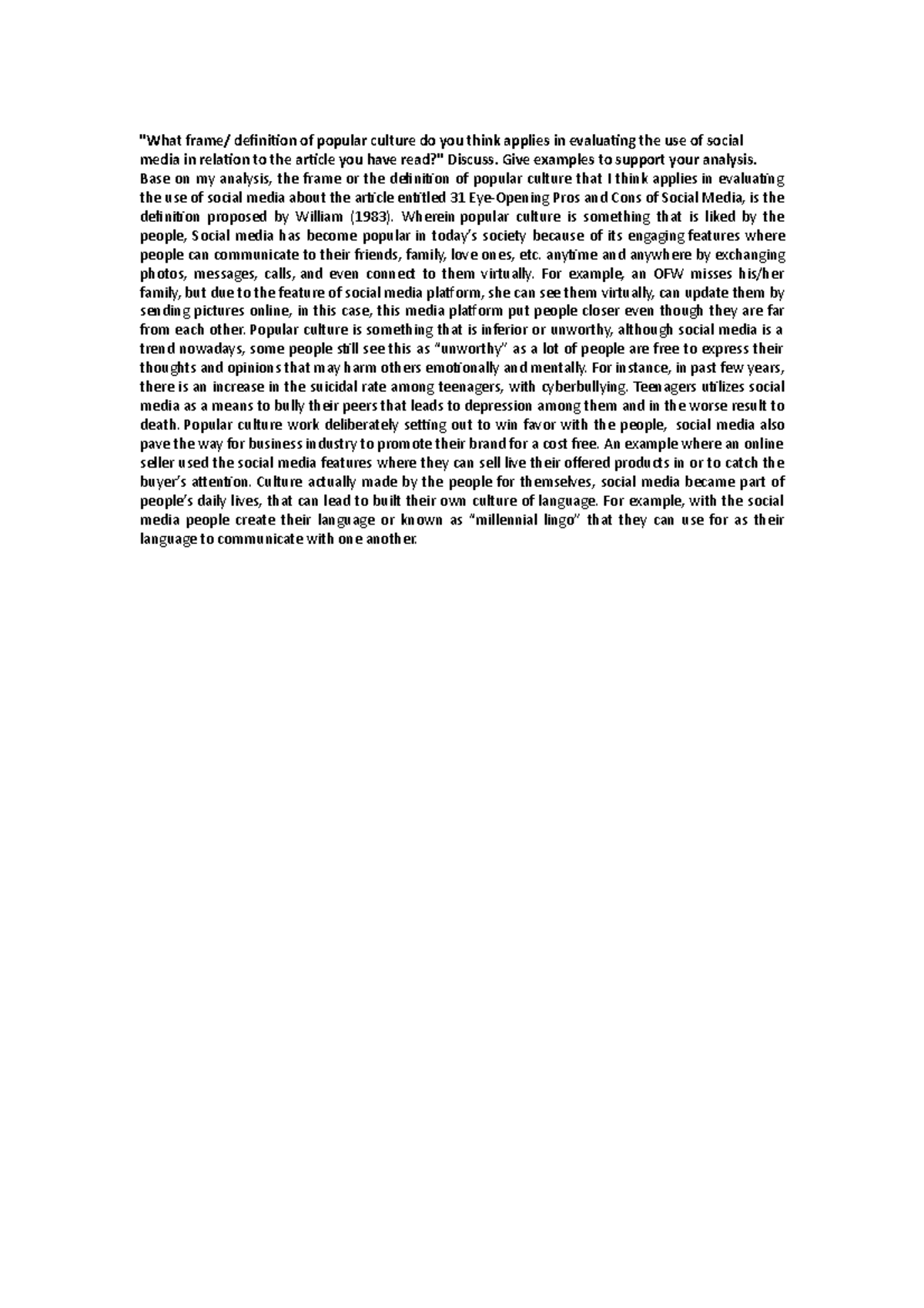 "What frame/ definition of popular culture do you think applies in