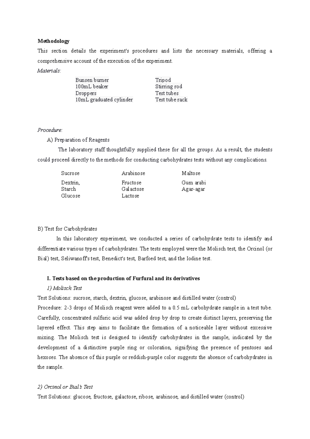 Qualitative test for carbohydrates lab report conclusion at derek
