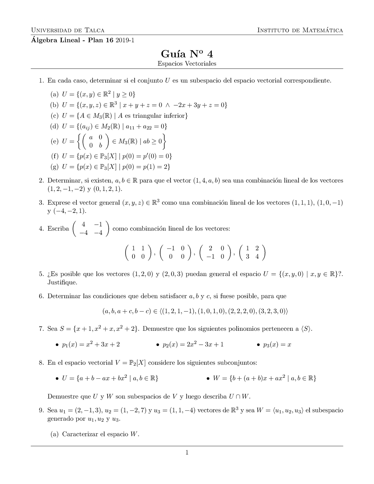 Guia 4 (espacios Vectoriales) - Universidad De Talca Instituto De Matem ...