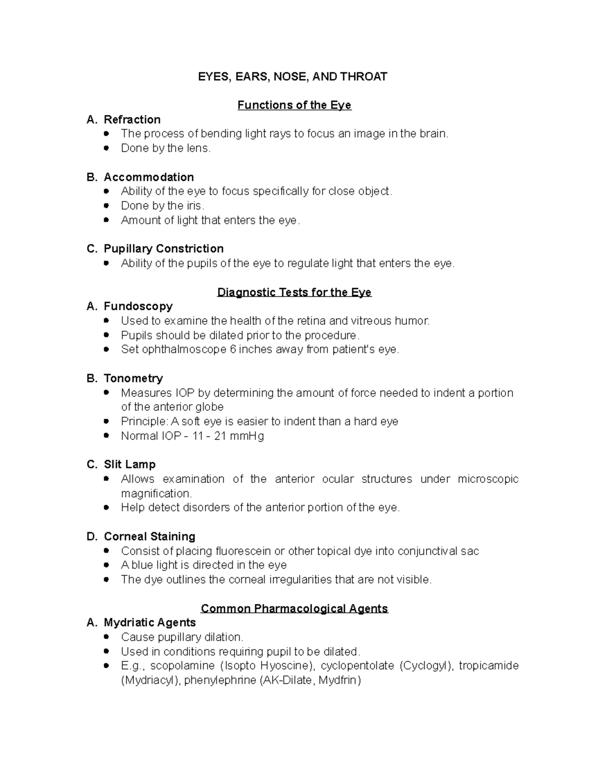 Functions of the Eye EENT EYES, EARS, NOSE, AND THROAT Functions of