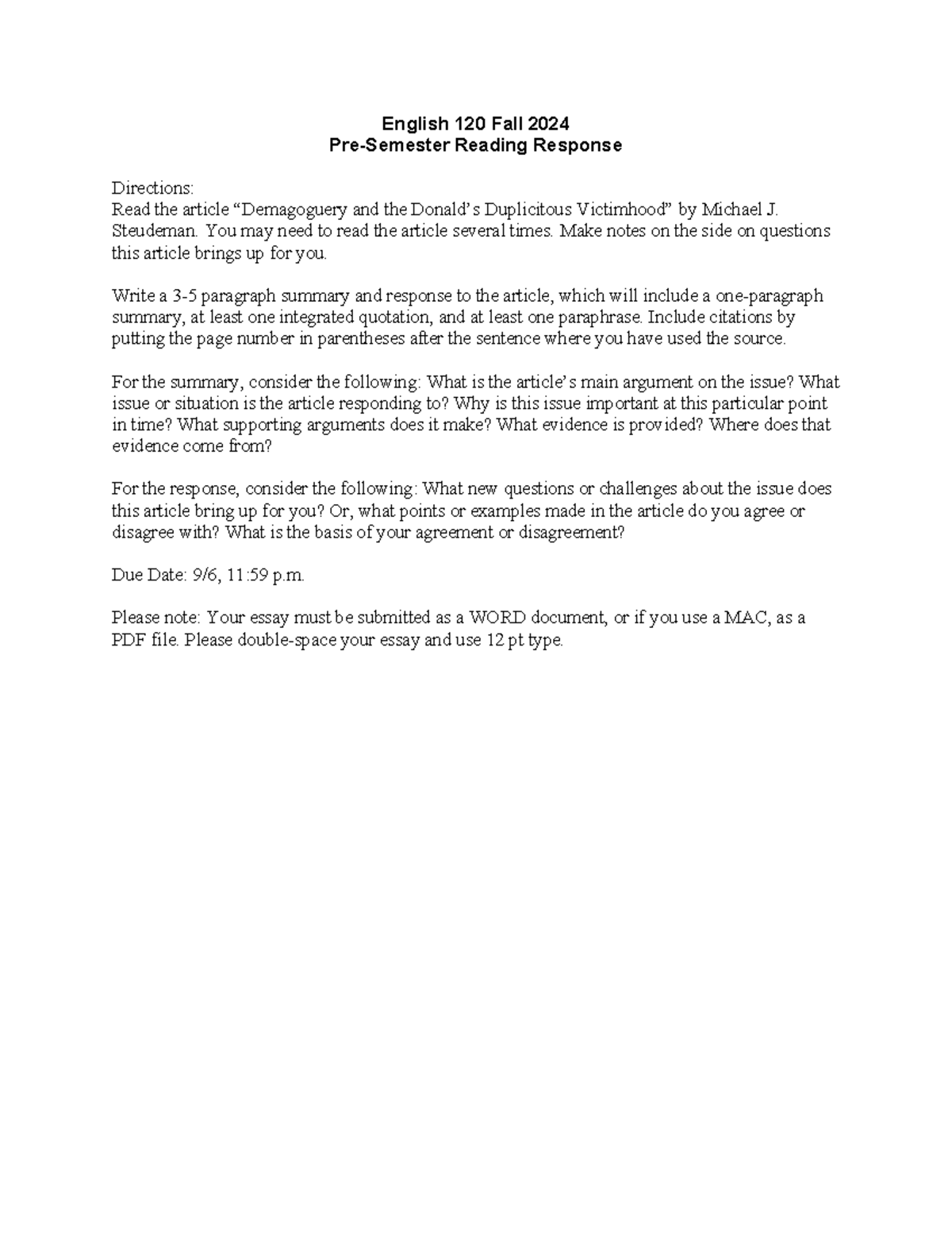 Fall 2024 PreSemester Reading Response Prompt Fall 2024 English 120