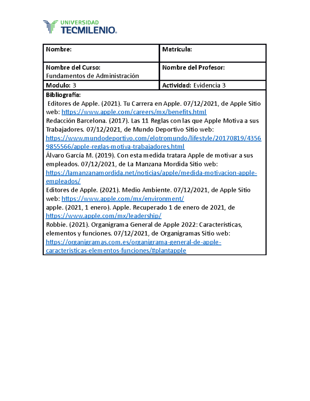 Evidencia 3 de Fundamentos de Administración - Nombre: Matricula ...