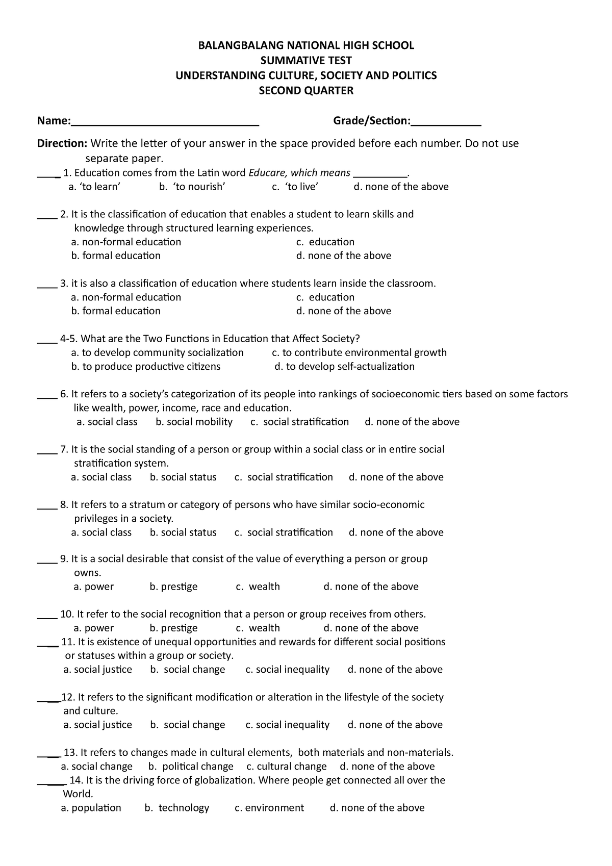 Ucsp Summative Balangbalang National High School Summative Test Understanding Culture 5807